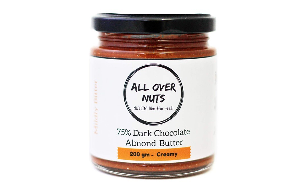 All Over Nuts 75% Dark Chocolate Almond Butter Creamy   Glass Jar  200 grams